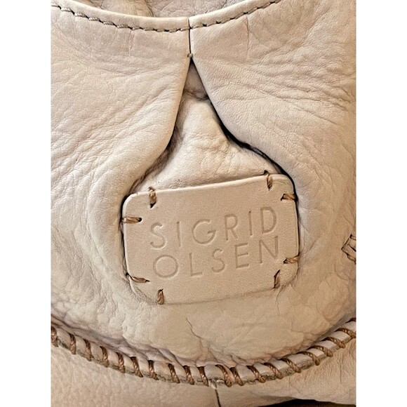 Vintage Sigrid Olsen Leather Hobo Bucket Bag Drawstring Cottagecore Y2K Beige - Picture 7 of 16